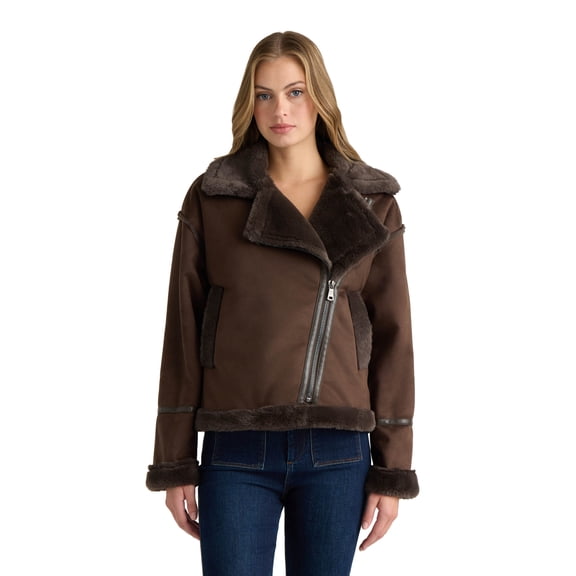 NOVELTI Womens Faux Shearling Short Zip Up Biker Jacket