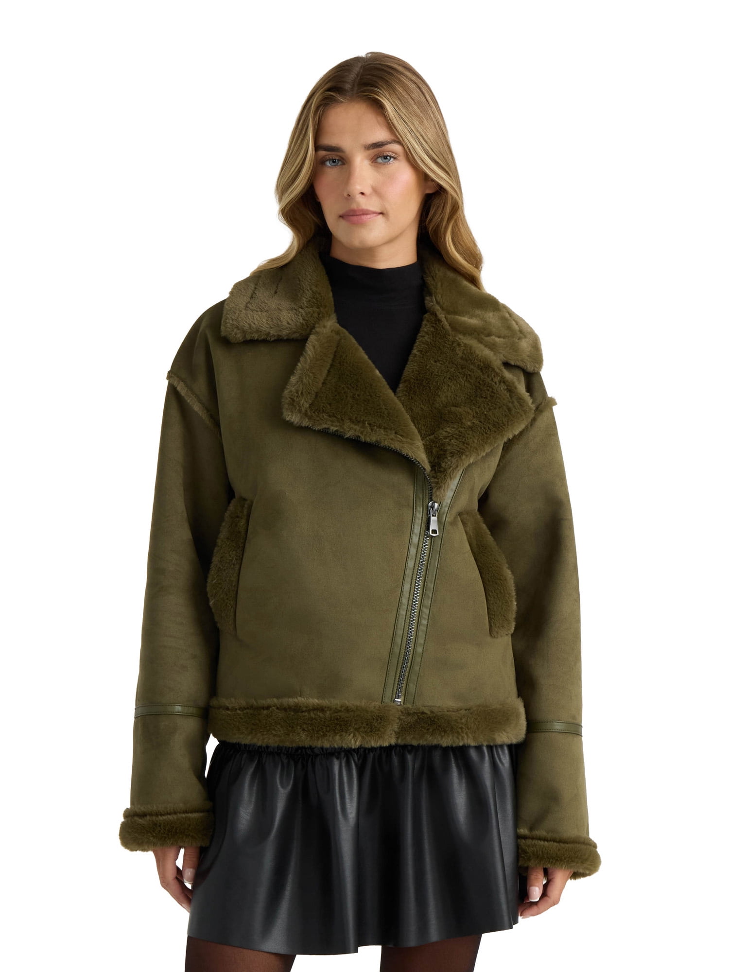 NOVELTI Womens Faux Shearling Short Zip Up Biker Jacket