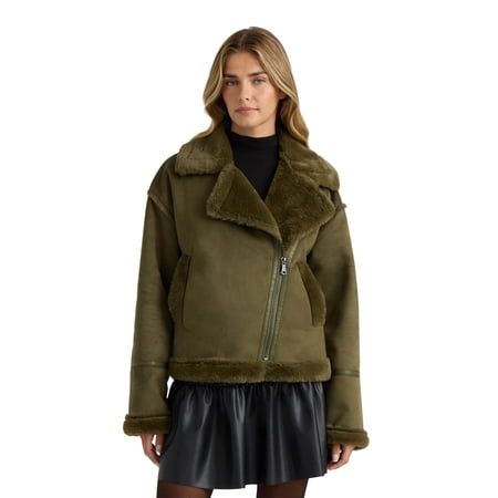 Novelti Womens Faux Shearling Short Zip Up Biker Jacket