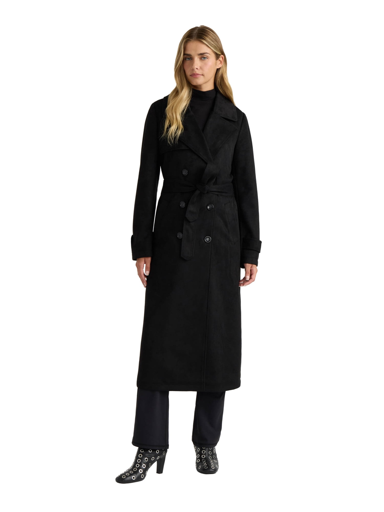 NOVELTI Womens Faux Suede Longline Belted Trench Coat with Side Pockets
