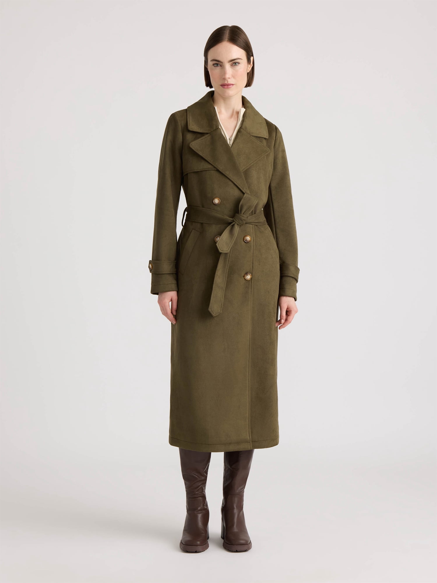 NOVELTI Womens Faux Suede Longline Belted Trench Coat with Side Pockets