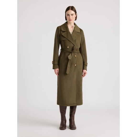 NOVELTI Womens Faux Suede Longline Belted Trench Coat with Side Pockets