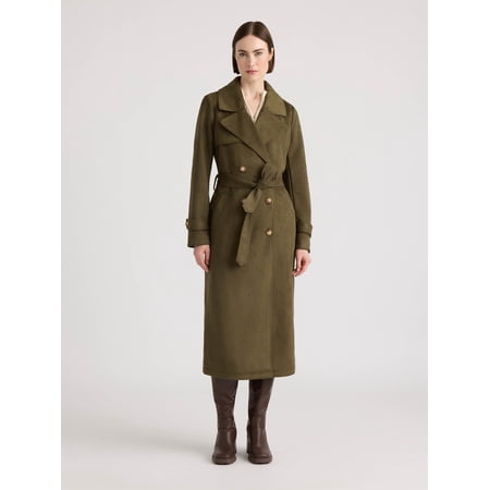 Novelti Womens Faux Suede Longline Belted Trench Coat with Side Pockets