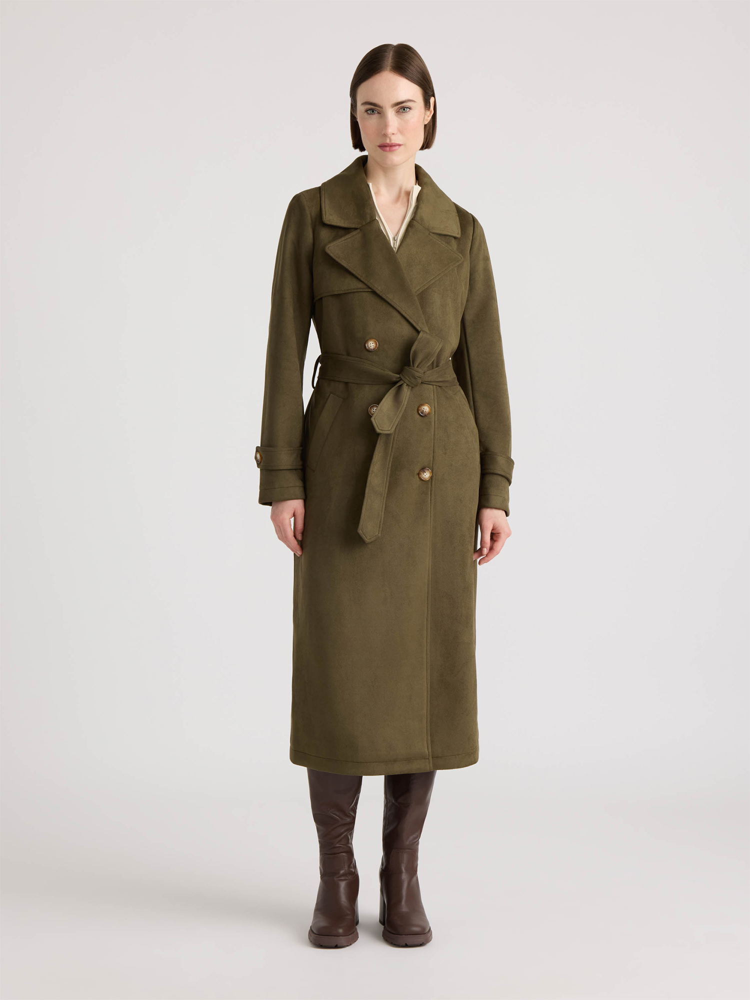NVLT Women S Faux Suede Longline Belted Trench Coat With Side Pockets Olive Night Medium: Shop With Context