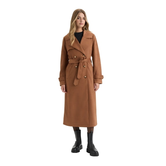 NOVELTI Womens Faux Suede Longline Belted Trench Coat with Side Pockets