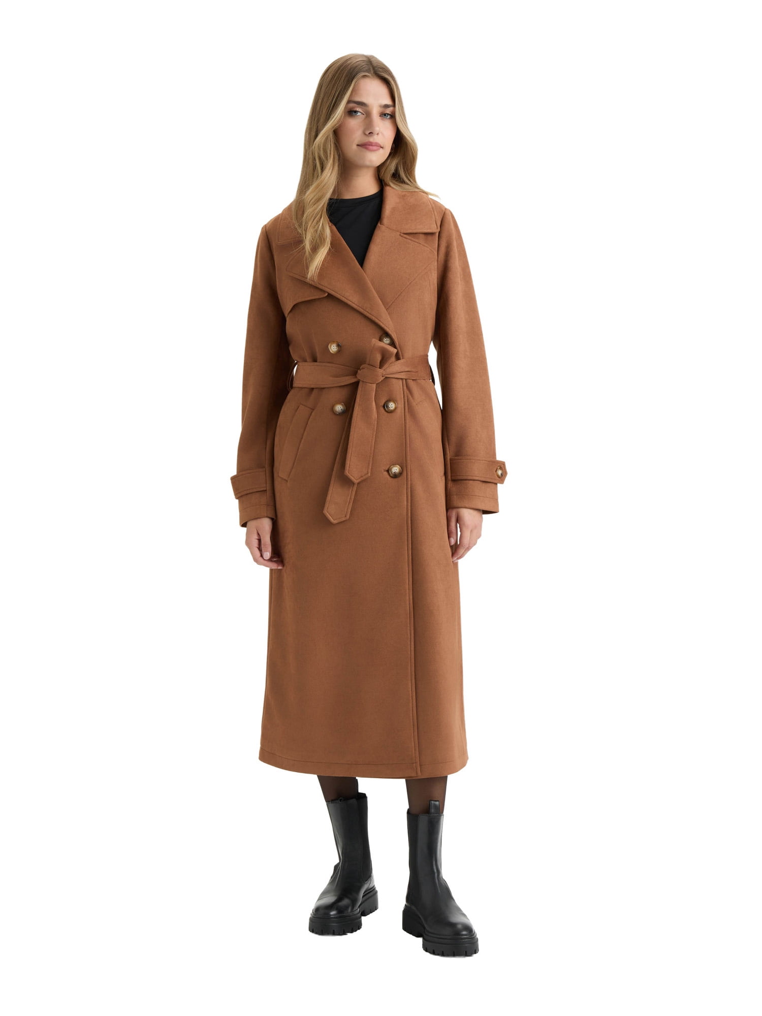 NOVELTI Womens Faux Suede Longline Belted Trench Coat with Side Pockets