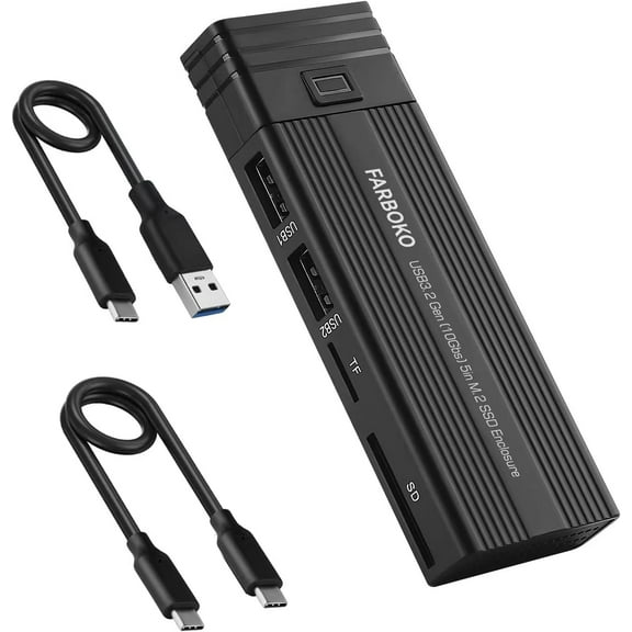 NVMe M.2 Enclosure & USB Hub 2 in 1, USB C 3.2 Gen2 10Gbps Transmission Supports M.2 NVME PCIe M-Key (B+M Key) Tool-Free Hard Drive Enclosure with 2 USB Ports SD/TF Card Reader for 2242/2260/2280 SSD
