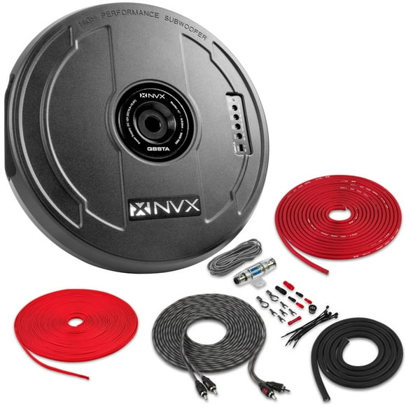 NVX QBSTA w// Belva Amplifier Wiring Kit 900W Peak 11" Quick Bass Spare Tire Amplified Car Subwoofer