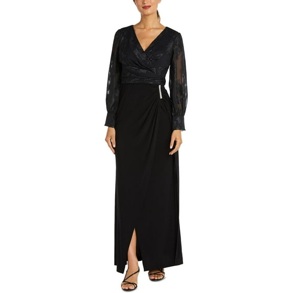NW Nightway Womens Petites Faux-Wrap Maxi Evening Dress