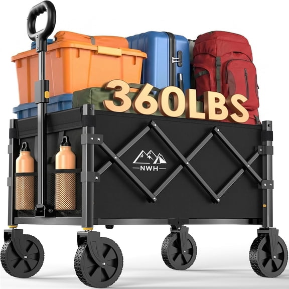 NWH 34'' Extra Long Collapsible Wagon, 380lbs Large Capacity Folding Wagons Carts with Wheels Foldable, Heavy Duty Utility Cart with All-Terrain Wheels for Beach Outdoor Grocery Camping Garden