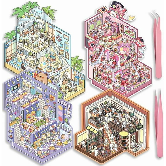 NWJ 3D DIY Sticker Room Set – 4-Pack Miniature House Scene Kit for Kids & Adults, Cute Isometric Craft Stickers for Gifts, Therapy & Leisure Art Projects