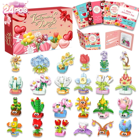 NWJ Building Blocks Toy Set - 24PCS Valentines Flower, Ocean & Land Animals, Educational STEM Gift for Kids Ages 3+, Creative DIY Construction Playset