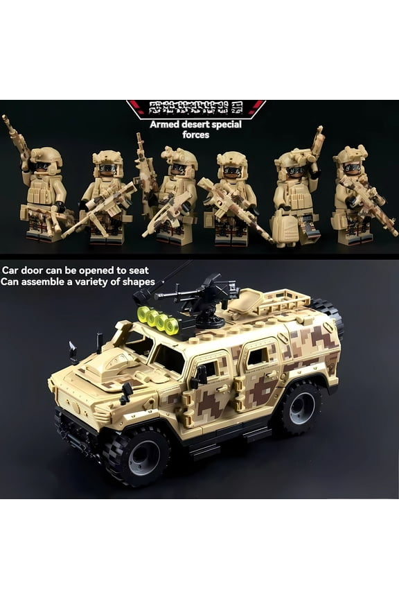 Military Building Block Set - Desert Special Forces Ghost Soldier with Armored Vehicle, Creative Assembly Toy for Kids
