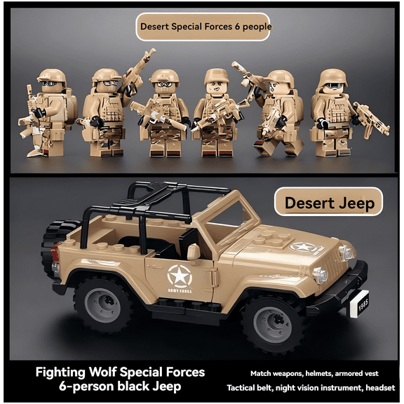 NWJ Military Building Block Set - Desert Special Forces Ghost Soldier with Jeep, Creative Assembly Toy for Kids