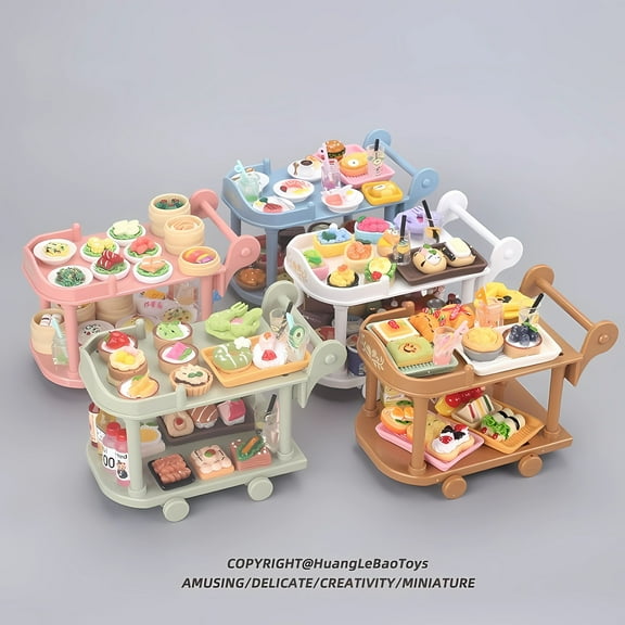 NWJ Mini Toy Food Cart - Miniature Kitchen Set with Mini Food, Drinks, and Dollhouse Accessories - Perfect Gift for Children