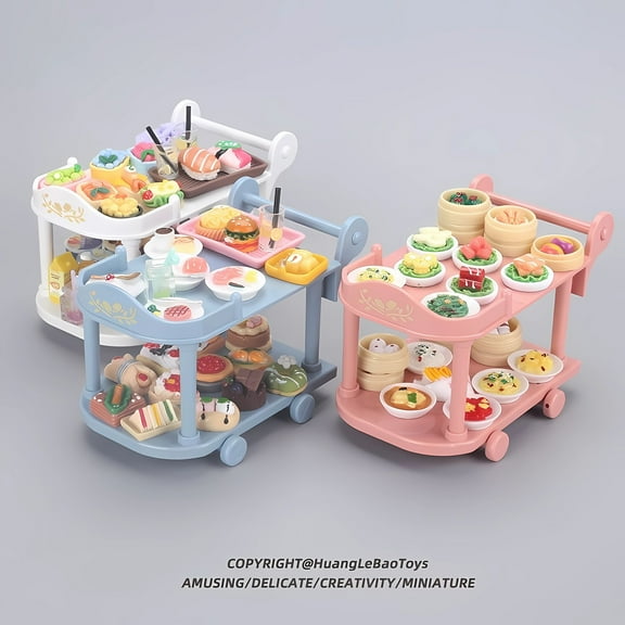 NWJ Mini Toy Food Cart - Miniature Kitchen Set with Mini Food, Drinks, and Dollhouse Accessories - Perfect Gift for Children