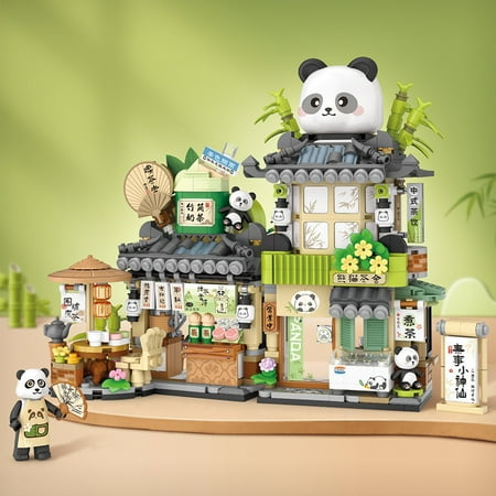 NWJ Panda Tea House & Bear Café Building Blocks Set – DIY Street View Architecture Model Toy for Kids, Creative Gift for Boys & Girls