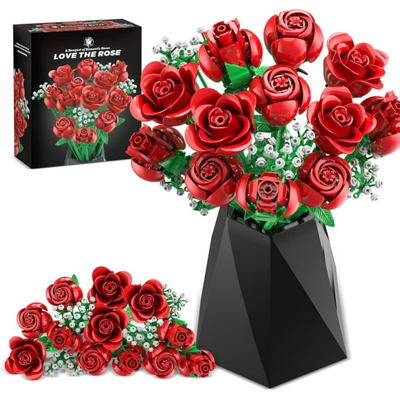 NWJ Rose Flowers Bouquet Building Set (960 PCS) – Artificial Roses Botanical Collection, Elegant Home Decor DIY Kit, Perfect for Dinner Tables and Decorative Displays