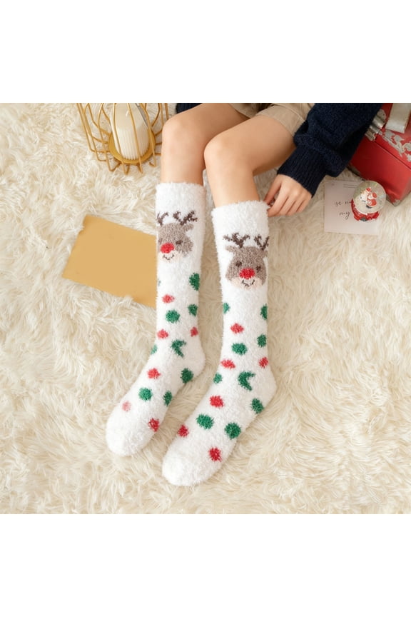1 Pairs Christmas Knee High Fuzzy Socks Xmas Fuzzy Women Sleeping Socks bulk for Holiday Christmas Gifts