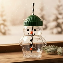 NWOKYZGH 1Pc Christmas Booze Glass Cups with Lids and Straws Clear Plastic Snowman Face Party Drinking Cups Reusable Bottles for Xmas Winter Holiday Party Supplies