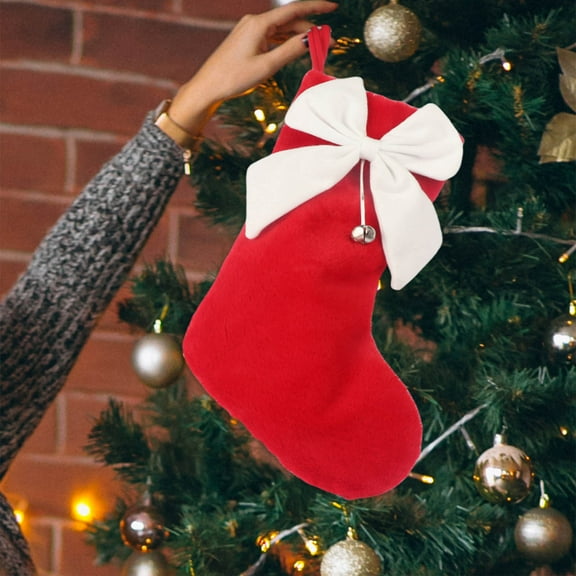 NWOKYZGH 1Pc Christmas Bow Stockings Hanging Christmas Stocking with Bow and Bell for Farmhouse Fireplace Xmas Hanging Socks Ornaments for Family Holiday Xmas Party Decoration