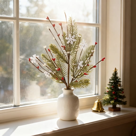 NWOKYZGH 1Pc Christmas Pine Cones Picks Artificial Berries Sprays Branches Faux Greenery Floral Stems Snowy Holly Pine Needles for Xmas Tree Wreath Garland Craft Decor