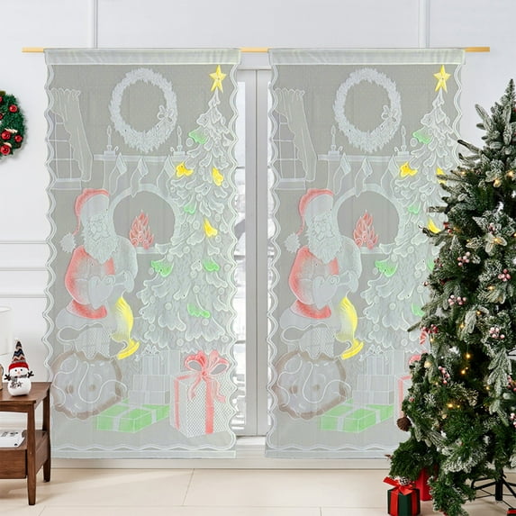 NWOKYZGH 1Pc Christmas Tree Curtain Panel Lace Xmas Tree Window Door Curtains Decoration Festive Colorful Curtain Drapes for Holiday Party Decor
