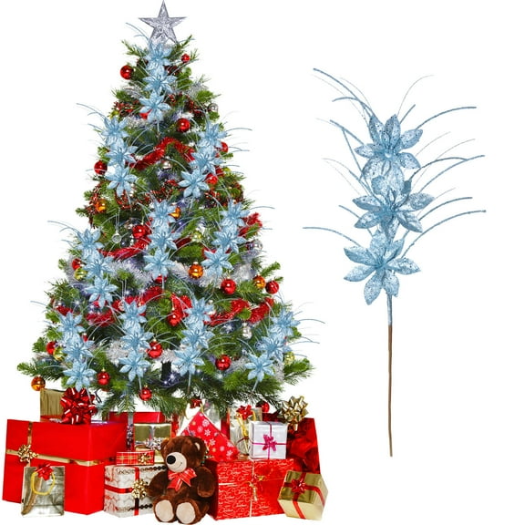 NWOKYZGH 1Pc Christmas Tree Ornaments - Artificial Flowers Glitter Flower Christmas Floral Picks Branches for Xmas Tree Decorations Vase Filler Holiday Wedding Party Home Decor