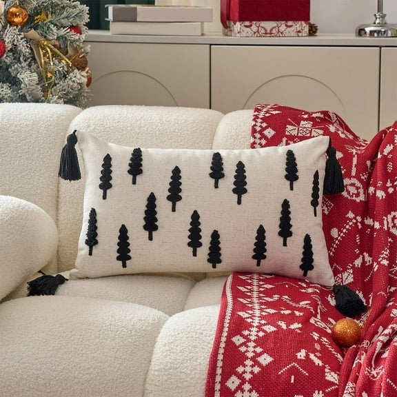 NWOKYZGH 1Pc Christmas Tree Throw Pillow Covers Beige and Green Fluffy Xmas Pillow Covers Soft Decorative Embroidery Pillowcase Neutral Modern Christmas Decor for Bedroom Sofa Cushion