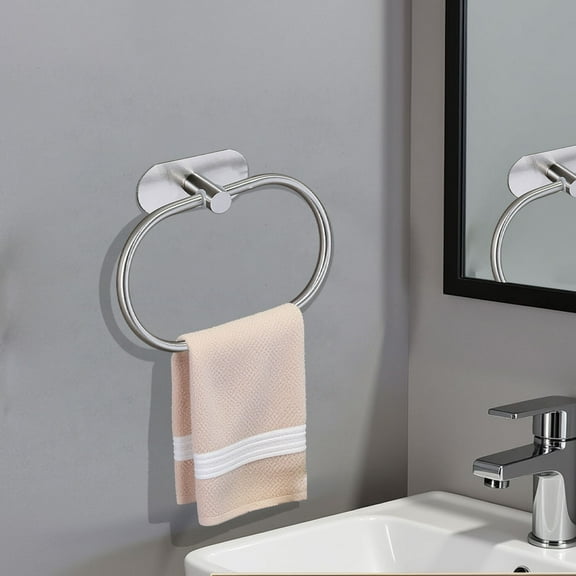 NWOKYZGH 1Pc Self Adhesive Towel Ring for Bathroom Stainless Steel Adhesive Hand Towel Holder No Drilling Modern Hand Towel Hanger Stick on Wall Brushed Nickel