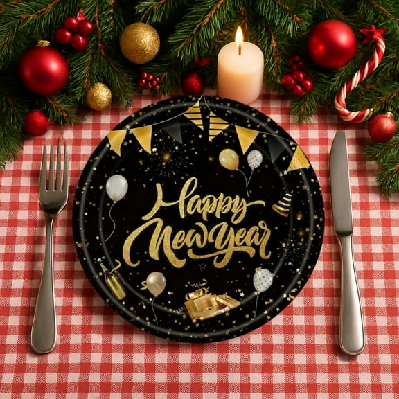 NWOKYZGH 20 Count Happy New Year Disposable Plates - Black Gold Party Paper Plates for Dinner, Dessert, Eve, Birthday Supplies