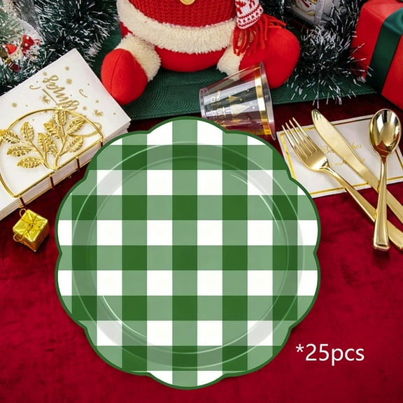 NWOKYZGH 25Pcs 7" Christmas Green and White Gingham Checkered Plaid Plates for Picnic, Barbecue, Birthday, Family Dessert Decorations - Disposable Paper Plates for Party Favors