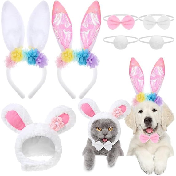 NWOKYZGH 3 Set Bunny Ears Easter Costume, Headband Ear Hat Cute Pet Bow Collar Puppy Tail for Pet Easter Party Costume Accessories Supplies