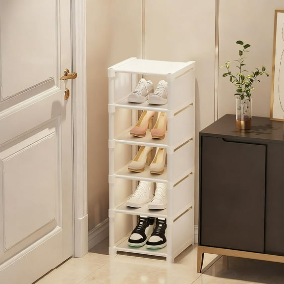 NWOKYZGH 6 Tiers Vertical Shoe Rack Tall Plastic Shoe Shelf Space Saving Shoe Storage Organizer Stackable Narrow Shoe Rack for Front Door Entrance Closet Dorm Hallway