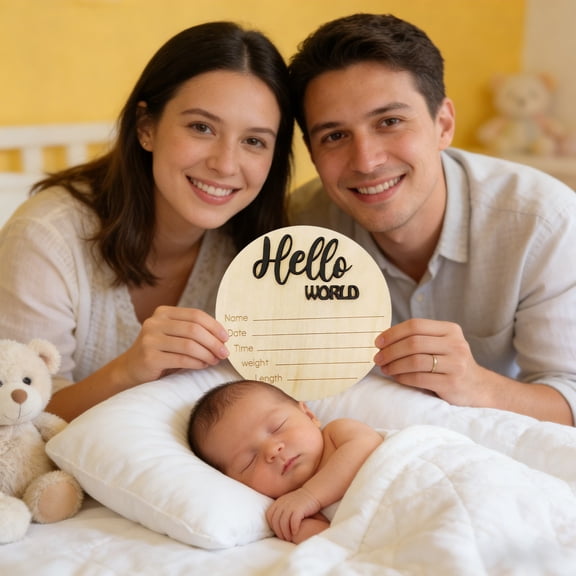 NWOKYZGH Baby Announcement Sign, 5.9 Inch Wooden Hello World Newborn Signs, Birth Announcement Sign, Baby Shower Hospital Nursery for Newborn Boys and Girls (Black)