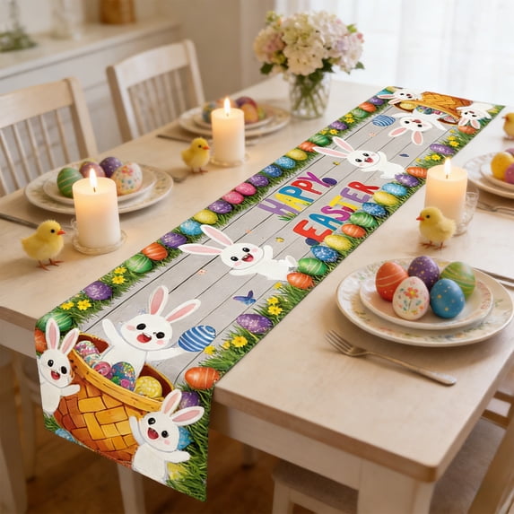 NWOKYZGH Bunny Eggs Happy Easter Table Runner, Seasonal Spring Flowers Carrots Kitchen Dining Table Decoration for Home Party Decor 13x72 Inch