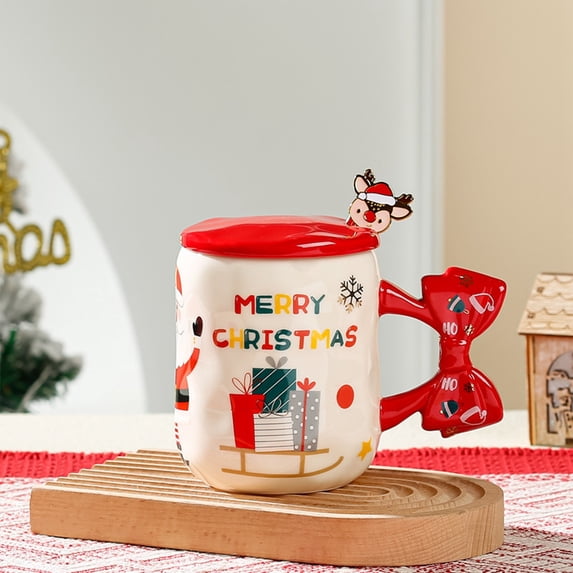 NWOKYZGH Christmas Mug Ceramic Merry Christmas Tree Mug with Spoon and Lid Festive Xmas Gift Cup for Hot Chocolate Coffee Eggnog, Microwave and Dishwasher Safe