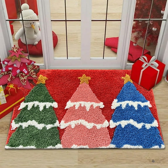 NWOKYZGH Christmas Tree Bath Rugs Mat Colorful Pine Tree Plush Non Slip Water Absorbent Washable Red Green Bathroom Rugs Mats for Christmas Bathroom Bedroom Holiday Decor