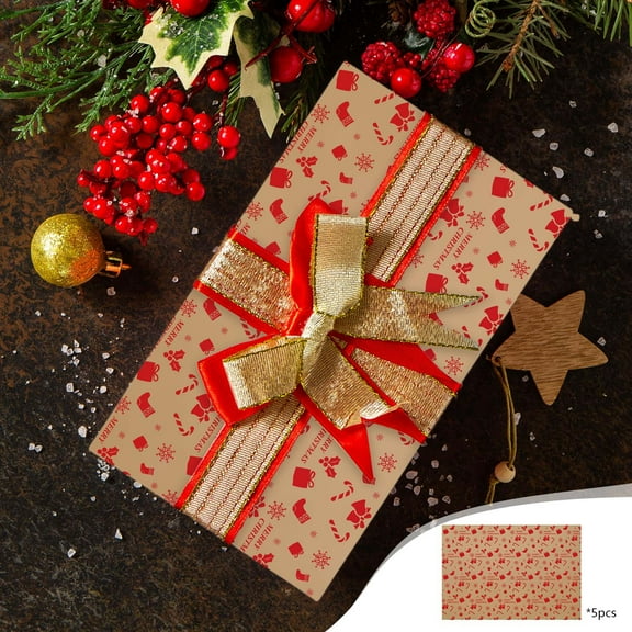 NWOKYZGH Christmas Wrapping Paper - 5 Sheets Kraft Xmas Wrapping Paper - Brown and Red Gift Wrap Paper for Christmas Winter Holiday New Year Party Decoration - 19×29Inch