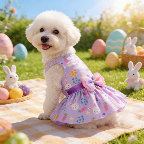 NWOKYZGH Easter Day Dresses Bunny Carrot Easter Egg Pattern Puppy Dress with Bow Easter Skirt Holiday Outfit Pet Easter Apparel Clothes for Small Medium ss L