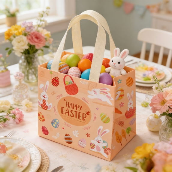 NWOKYZGH Easter Egg Hunt Bag, Non-Woven Easter Gift Bag for Kids Reusable with Handle, Egg Bunny Chick Basket, Treat Bag 1 Pack
