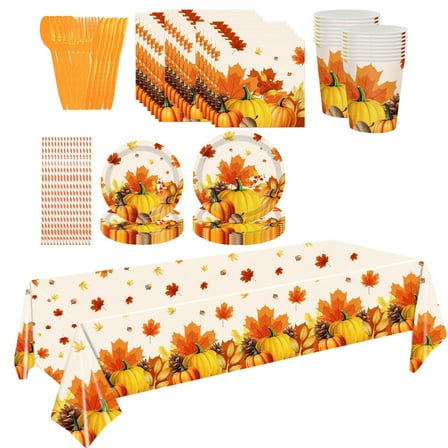 NWOKYZGH Fall Party Dinnerware Set Thanksgiving Maple Leaves Dinnerware Set Include Paper Plates Cups Cutlery Napkins Tablecloth for Fall Autumn Harvest Party Supplies, Serves 16 Guests