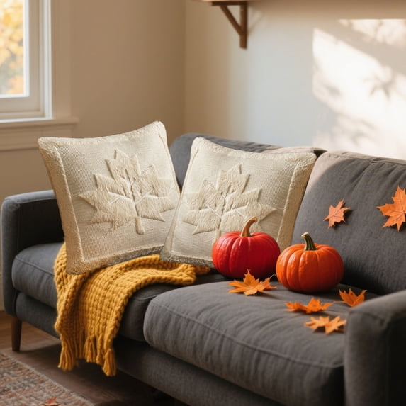 NWOKYZGH Halloween Plush Pillow Covers 17x17 Set of 2 Maple Leaves Embroidery Throw Pillow Covers Farmhouse Thanksgiving Home Decor Cushion Covers for Couch Sofa Bed