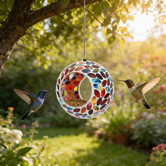 NWOKYZGH Hanging Glass Bird Feeder, Multicolor Fly Through Bird Feeders for Outside, Mosaic Bird Feeder, Round Shape Wild Birdfeeder