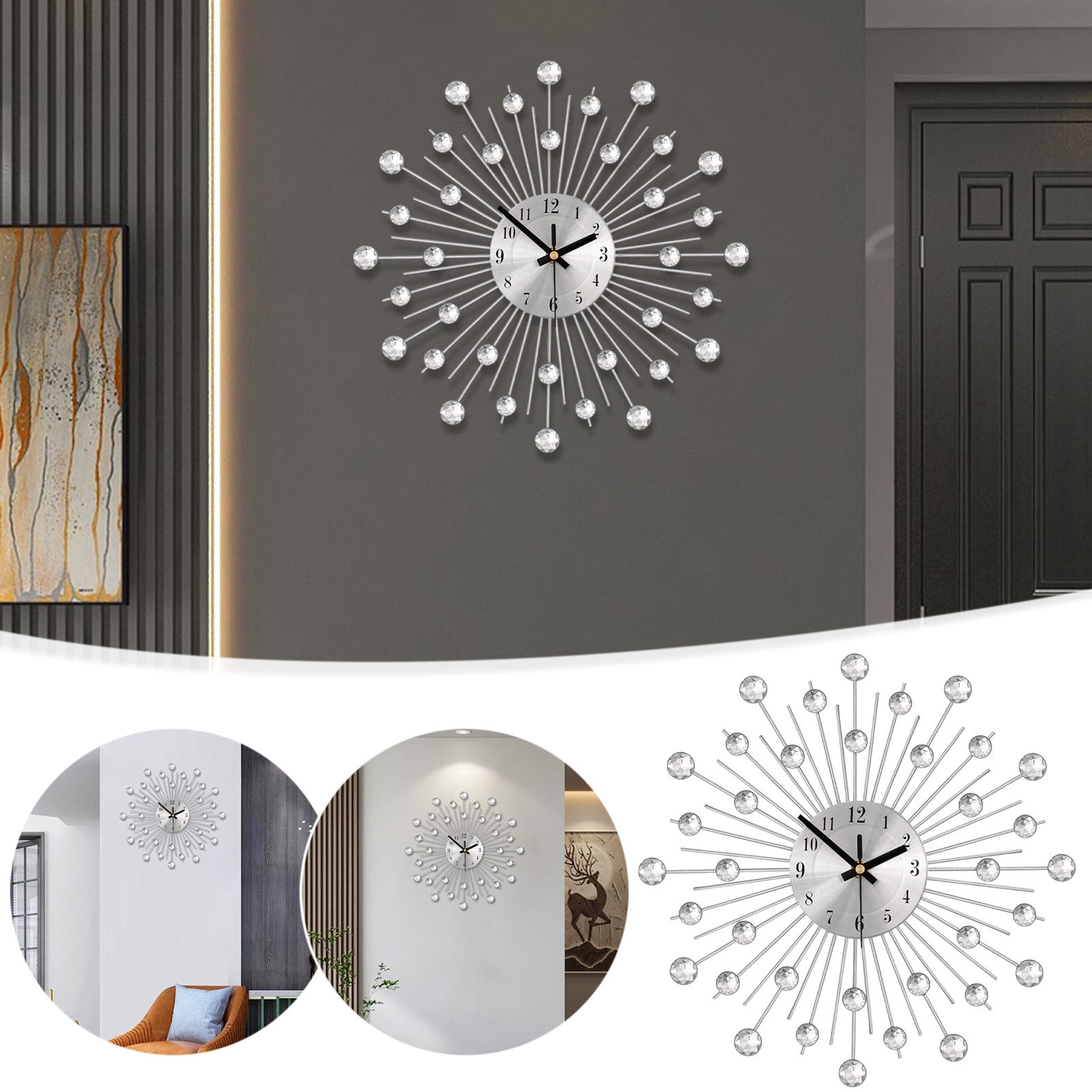NWOKYZGH Large Wall Clock for Living Room Decor, Non-Ticking Quiet Modern Metal Starburst Bling Silver Crystal Wall Clocks Decor for Bedrooms Kitchen Decorative