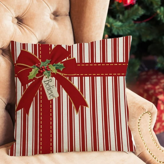 NWOKYZGH Merry Christmas Let It Snow Joy Stripes Gift Box Red Throw Pillow Covers, 17 x 17 Inch Xmas Tree Holiday Cushion Case Decoration for Sofa Couch