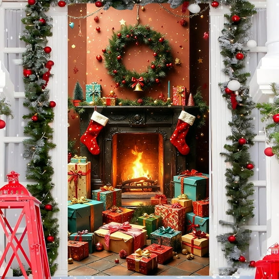 NWOKYZGH Merry Xmas Door Cover - Christmas Door Decorations Banner for Photography Background, Winter Holiday, Xmas Eve Party Photo Booth Prop