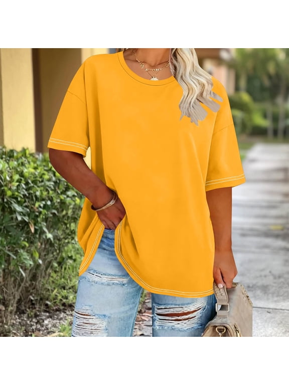 Plus Size Tops for Women Casual Short Sleeve T Shirts Summer Crew Neck Tees Oversized Comfy Loose Fit Tunics XL-5XL Yellow-D XXXXXL(XXXXXL)