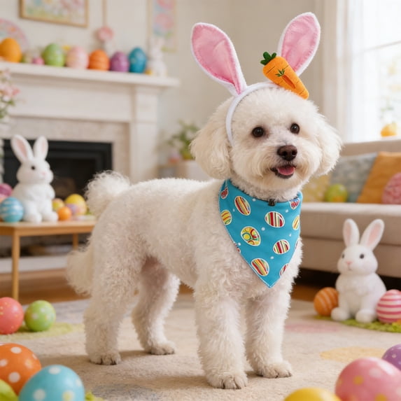 NWOKYZGH Set of 2 Easter Costume Bunny Ears Headband Cute Bandana Funny Easter Puppy Toy Kit Outfit Eggs Scarf Bibs for Holiday Pet Puppy Party Accessory