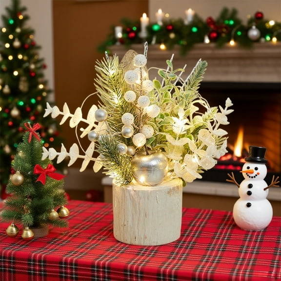 NWOKYZGH Small Christmas Tree Artificial Mini Tabletop Christmas Tree with Lights Christmas Ornaments Pine Cone Branches Red Berries for Christmas Party Home Indoor Decoration